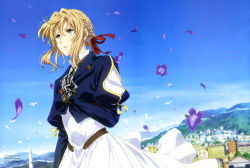 Rule 34 | 1girl, absurdres, bird, blonde hair, blue eyes, blue jacket, blue sky, braid, building, cityscape, cleaned, day, dress, flower, hair blowing, hair ribbon, hand on own chest, highres, jacket, jewelry, mechanical hands, mountainous horizon, necklace, official art, outdoors, parted lips, petals, red ribbon, ribbon, single mechanical hand, skirt, sky, solo, standing, violet evergarden, violet evergarden (series), white skirt