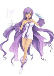 Rule 34 | 1girl, absurdres, bare shoulders, beautiful witch sakuran, caren (mermaid melody pichi pichi pitch), dress, drill hair, gloves, highres, idol, jewelry, long hair, looking at viewer, mermaid melody pichi pichi pitch, microphone, necklace, purple eyes, purple hair, short dress, signature, simple background, solo, standing, tan, white background, white dress, white footwear, white gloves