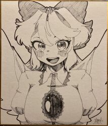 Rule 34 | 1girl, :d, bird wings, blush, bow, breasts, cape, commentary request, greyscale, hair bow, highres, large breasts, long hair, monochrome, open mouth, reiuji utsuho, shikishi, short sleeves, signature, simple background, smile, solo, teeth, third eye, touhou, traditional media, upper body, upper teeth only, wings, yomogi 0001