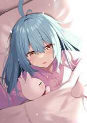 Rule 34 | 1girl, = =, antenna hair, bed, blanket, blue hair, blush, cat, collar, commentary, day, dog, eyes visible through hair, facial scar, from above, hair between eyes, half-closed eyes, hand up, highres, indoors, light particles, long hair, long sleeves, looking at viewer, lying, mahcdai, messy hair, morning, on back, original, parted lips, pillow, pink shirt, planol note, red collar, scar, scar on cheek, scar on face, shirt, sidelocks, sleepy, sunlight, under covers, upper body, waking up, yellow eyes