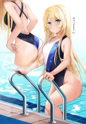 Rule 34 | 1girl, absurdres, ass, blonde hair, blue eyes, competition swimsuit, cowboy shot, highleg, highleg swimsuit, highres, long hair, medium hair, multicolored clothes, multicolored swimsuit, multiple views, one-piece swimsuit, original, pool, pool ladder, simple background, solo, swimsuit, translation request, unworn clothes, water, wedgie, white background, zelef