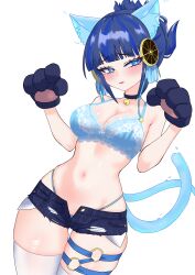 Rule 34 | 1girl, absurdres, animal ears, animal hands, bell, blue eyes, blue hair, blush, bra, breasts, cat ears, cat tail, denim, denim shorts, duel monster, gloves, highres, midriff, navel, neck bell, ni-ni the mirror mikanko, oldsickkim, paw gloves, short hair, shorts, solo, tail, thigh strap, underwear, yu-gi-oh!