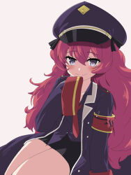 Rule 34 | 1girl, armband, black skirt, blue archive, blush, breasts, edobox, grey eyes, grey shirt, hat, iroha (blue archive), jacket, long hair, looking at viewer, messy hair, military, military hat, military uniform, necktie, open clothes, open jacket, peaked cap, red hair, red necktie, shirt, simple background, skirt, small breasts, smile, solo, standing, uniform, white background