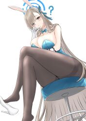 Rule 34 | 1girl, ?, animal ear hairband, animal ears, arms under breasts, asuna (blue archive), asuna (bunny) (blue archive), black pantyhose, blue archive, blue eyes, blue leotard, blush, breasts, cleavage, collar, detached collar, fake animal ears, gloves, highres, large breasts, leotard, light brown hair, long hair, looking at viewer, mole, mole on breast, official alternate costume, on stool, pantyhose, playboy bunny, rabbit ear hairband, rabbit ears, raku (raku-san), strapless, strapless leotard, white collar, white gloves