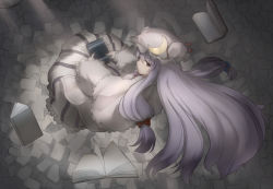Rule 34 | 1girl, black eyes, blue bow, book, bow, capelet, crescent, dress, fen zuo, floating, from above, full body, hair bow, hat, holding, holding book, long hair, long sleeves, looking at viewer, looking back, mob cap, patchouli knowledge, purple hair, red bow, solo, striped clothes, striped dress, too many, too many books, touhou, vertical stripes, white capelet, white hat, wide sleeves