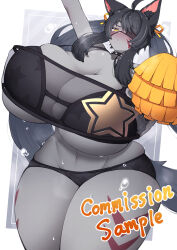 Rule 34 | 1girl, ahoge, animal ear fluff, animal ears, arm up, black bra, black choker, black hair, black panties, blush, bra, breasts, cheerleader, chestnut mouth, choker, cleavage, colored skin, commission, cowboy shot, curvy, english text, eyepatch, facial mark, female focus, fox ears, fox tail, gigantic breasts, grey skin, head tilt, highres, leg tattoo, long hair, looking at viewer, no nose, original, panties, pom pom (cheerleading), sidelocks, simple background, skindentation, solo, spiked choker, spikes, standing, star (symbol), sweat, tail, tattoo, thick thighs, thighs, underboob, underwear, wide hips, wide sleeves, yasume (cheap melon soda), yellow eyes