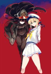 Rule 34 | 2girls, alternate costume, artoria pendragon (all), artoria pendragon (fate), bad id, bad pixiv id, black footwear, black hair, black headwear, black jacket, black pants, blonde hair, boots, breasts, buttons, crest, family crest, fate/grand order, fate/stay night, fate (series), gradient background, green eyes, hat, highres, jacket, kodamari, koha-ace, long hair, long sleeves, looking at viewer, multiple girls, neckerchief, oda nobunaga (fate), oda nobunaga (koha-ace), oda uri, official alternate costume, open clothes, open jacket, pants, peaked cap, pleated skirt, red background, red eyes, saber (fate), sailor collar, sailor hat, shirt, skirt, thighs, white sailor collar, white shirt, white skirt, yellow neckerchief