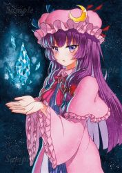 Rule 34 | 1girl, bad id, bad pixiv id, blue bow, blush, bow, bowtie, capelet, crescent, crescent pin, crystal, cupping hands, frilled sleeves, frills, hair bow, hat, long hair, long sleeves, looking at viewer, mob cap, open mouth, own hands together, patchouli knowledge, pink bow, pink bowtie, pink hat, purple eyes, purple hair, qqqrinkappp, red bow, sample watermark, sidelocks, solo, striped, touhou, traditional media, upper body, watermark, wide sleeves