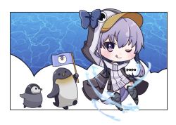 Rule 34 | 1girl, ;q, animal, animal hood, armored boots, bird, black footwear, black jacket, blue bow, blush, boots, bow, chibi, closed mouth, commentary request, fate/grand order, fate (series), flag, holding, holding flag, hood, hood up, hooded jacket, jacket, long hair, long sleeves, looking at viewer, meltryllis, meltryllis (fate), meltryllis (swimsuit lancer) (fate), meltryllis (swimsuit lancer) (first ascension) (fate), one eye closed, penguin, penguin hood, popo (popopuri), purple eyes, purple hair, sleeves past fingers, sleeves past wrists, smile, solo, tongue, tongue out, very long hair, water