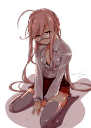 Rule 34 | 1girl, ahoge, braid, brown skirt, commentary request, crown braid, dated, dress shirt, full body, fyuo, glasses, grey thighhighs, highres, kantai collection, long hair, long sleeves, looking at viewer, makigumo (kancolle), pink hair, pleated skirt, shirt, simple background, sitting, skirt, solo, thighhighs, twintails, wariza, white background, white shirt