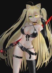 Rule 34 | 1girl, ahoge, animal ear fluff, animal ears, bare shoulders, bell, belt, bikini, black background, black belt, black bikini, black choker, black gloves, black ribbon, black thighhighs, blonde hair, breasts, bridal gauntlets, cat ears, choker, chuunibyou, cleavage, collarbone, commentary, cowboy shot, criss-cross halter, fang, fingerless gloves, front-tie bikini top, front-tie top, gloves, glowing, glowing eye, gluteal fold, green eyes, grin, groin, hair between eyes, hair ribbon, halterneck, hand over eye, hand up, heterochromia, highres, holding, holding sword, holding weapon, katana, large breasts, leg belt, long hair, looking at viewer, mepurin (scarlet59833), midriff, navel, neck bell, original, ribbon, sidelocks, simple background, single bridal gauntlet, single fingerless glove, single thighhigh, skindentation, smile, solo, standing, swimsuit, sword, thighhighs, twintails, very long hair, weapon, yellow eyes