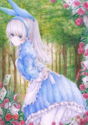 Rule 34 | 1girl, alice in wonderland, apron, arms behind back, blue dress, blue eyes, blush, bow, breasts, colored pencil (medium), darkkanan, dress, eyes visible through hair, forest, graphite (medium), hair bow, hairband, highres, long hair, looking at viewer, medium breasts, nature, original, outdoors, painting (medium), pantyhose, pinafore dress, scenery, sleeveless dress, solo, standing, traditional media, tying apron, watercolor (medium), white hair, white pantyhose