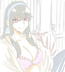 Rule 34 | 1girl, black hair, blush, bra, breasts, cleavage, hairband, highres, large breasts, lingerie, long hair, looking at viewer, mitsugu, navel, open clothes, open shirt, pink bra, red eyes, shirt, sidelocks, sketch, smile, solo, spy x family, unbuttoned, unbuttoned shirt, underwear, white hairband, yor briar