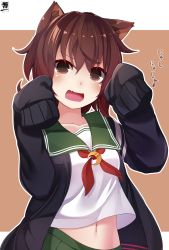 Rule 34 | 1girl, absurdres, animal ears, blue jacket, brown hair, commentary request, crescent, crescent hair ornament, crescent pin, gradient hair, green sailor collar, green skirt, hair ornament, hibiki (zerocodo), highres, jacket, kantai collection, midriff, midriff peek, multicolored hair, mutsuki (kancolle), mutsuki kai ni (kancolle), navel, pleated skirt, red hair, sailor collar, school uniform, serafuku, short hair, skirt, sleeves past wrists, solo, translation request, upper body