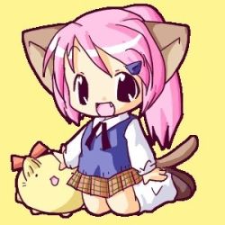 Rule 34 | animal, animal ears, black eyes, bow, cat, cat ears, cat tail, chibi, fang, hair ornament, hairclip, happy, kneeling, long hair, lowres, oekaki, open mouth, pink hair, ponytail, ribbon, school uniform, shoes, simple background, skirt, socks, solo, sweater vest, tail, vest