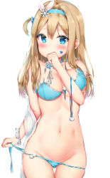 Rule 34 | 1girl, absurdres, bachibachi (tisen), bare shoulders, between breasts, bikini, bikini pull, blue bikini, blue eyes, blue flower, blue ribbon, blush, breasts, brown hair, choker, cleavage, clothes pull, collarbone, covering own mouth, cowboy shot, facial mark, flower, girls&#039; frontline, groin, hair between eyes, hair ornament, hair ribbon, hairband, hand over own mouth, hand up, heart, highres, large breasts, long hair, looking at viewer, navel, one side up, pom pom (clothes), rabbit hair ornament, ribbon, shawl, sidelocks, simple background, snowflake hair ornament, solo, standing, stomach, suomi (girls&#039; frontline), swimsuit, thigh gap, white background