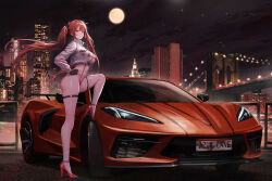 Rule 34 | 1girl, absurdres, alternate costume, azur lane, bikini, brooklyn bridge, car, character name, chevrolet, chevrolet corvette, chevrolet corvette c8, copyright name, empire state building, fingerless gloves, full body, gloves, high heels, highres, honolulu (azur lane), jacket, kcar66t, license plate, looking at viewer, motor vehicle, new york city, night, product placement, race queen, real world location, red hair, sky, socks, sports car, star (sky), starry sky, swimsuit, thigh strap, twintails, white socks