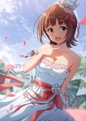 Rule 34 | 1girl, :d, amami haruka, amochin, bare shoulders, blurry, blurry background, blurry foreground, blush, breasts, bridal veil, brown hair, cleavage, collarbone, commentary request, crown, depth of field, dress, earrings, flower, green eyes, hair flower, hair ornament, hand on own chest, idolmaster, idolmaster (classic), jewelry, looking at viewer, medium breasts, open mouth, outdoors, petals, ribbon, short hair, sky, smile, solo, strapless, strapless dress, veil, wedding dress, white dress
