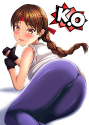 Rule 34 | ass, ass focus, braid, brown hair, highres, looking at viewer, looking back, shirt, smile, spandex, the king of fighters, thumbs up, white shirt, yuri sakazaki