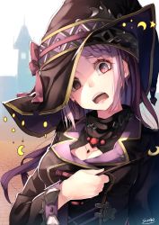 Rule 34 | 1girl, bad id, bad pixiv id, breasts, cleavage, hat, highres, jewelry, long hair, looking at viewer, necklace, open mouth, original, pink eyes, pink hair, saraki, signature, solo, upper body, witch hat