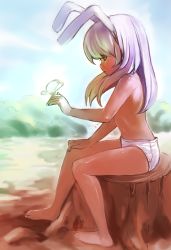 Rule 34 | 1girl, animal ears, barefoot, bug, butterfly, day, full body, highres, insect, long hair, navel, no pants, no tail, original, outdoors, outstretched arm, panties, pink eyes, pink hair, rabbit ears, sitting, solo, topfreedom, topless, tree stump, underwear, underwear only, white panties, zrero