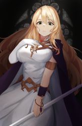 Rule 34 | 1girl, armlet, asymmetrical gloves, blonde hair, breasts, church, dress, elbow gloves, eyelashes, fire emblem, fire emblem: the binding blade, fire emblem: the blazing blade, from below, glass, gloves, gold trim, green eyes, hand on own chest, highres, holding, holding staff, large breasts, long dress, long hair, looking at another, looking down, nintendo, nurumaru yu, saint elimine (fire emblem), single glove, solo, staff, stained glass, uneven gloves, very long hair, white dress, white gloves