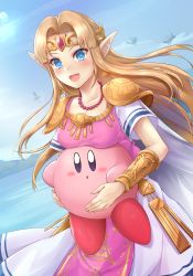 Rule 34 | 1girl, absurdres, blonde hair, blue eyes, blue sky, blush, breast rest, breasts, cape, commentary request, day, dress, earrings, floating island, highres, holding, jewelry, kirby, kirby (series), long hair, medium breasts, necklace, nintendo, open mouth, pearl necklace, pointy ears, princess zelda, samoore, short sleeves, sky, straight hair, super smash bros., the legend of zelda, the legend of zelda: a link between worlds, tiara, triforce, tunic, vambraces, white dress