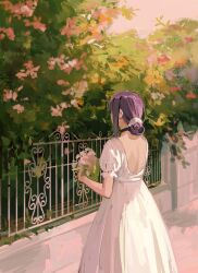 Rule 34 | 1girl, backless dress, backless outfit, black choker, bush, chainsaw man, choker, dress, flower, grass, highres, looking to the side, puffy short sleeves, puffy sleeves, purple hair, reze (chainsaw man), short hair, short sleeves, sidelocks, solo, solraka, white dress
