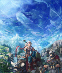 Rule 34 | 1boy, 1girl, armor, braid, cityscape, cloud, day, fantasy, flying whale, garter straps, greaves, hair between eyes, high collar, highres, landscape, mountain, nigoro, original, outdoors, plant, riding, scenery, side braid, sitting, sky, twin braids, whale