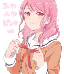 Rule 34 | 1girl, adjusting neckwear, brown shirt, buttons, chaa (korone-ze), closed mouth, commentary request, copyright request, double-breasted, highres, long sleeves, looking at viewer, medium hair, musshu (omu001), neck ribbon, pink eyes, pink hair, red ribbon, ribbon, sailor collar, school uniform, serafuku, shirt, smile, solo, translated, white sailor collar
