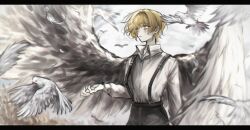Rule 34 | 1boy, bird, black pants, blonde hair, collared shirt, dove, feathered wings, feathers, hand up, highres, letterboxed, limbus company, long sleeves, luull, pants, parted lips, project moon, shirt, sinclair (project moon), solo, suspenders, white shirt, white wings, wings, yellow eyes