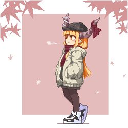 Rule 34 | 1girl, alternate costume, black hat, black pantyhose, blonde hair, blunt bangs, coat, commentary request, contemporary, enpera, from side, full body, hand in pocket, hat, horn ornament, horn ribbon, horns, ibuki suika, kumamoto (bbtonhk2), long hair, looking away, lowres, open clothes, open coat, pantyhose, pixel art, pointy ears, profile, red scarf, ribbon, scarf, simple background, smile, solo, touhou, white coat, yellow eyes