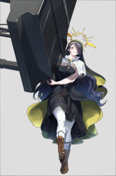 Rule 34 | 1girl, 702 96, blue archive, boots, breasts, brown footwear, carrying, cross, cross earrings, earrings, female focus, full body, gold earrings, gold halo, hair ornament, halo, highres, hinata (blue archive), instrument, jewelry, large breasts, nun, piano, red eyes, simple background, solo, thighhighs, walking, white background, white thighhighs