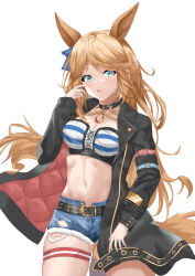 Rule 34 | 1girl, absurdres, aishendejian, animal ears, bandeau, belt, black belt, black choker, blonde hair, blue eyes, bow, breasts, chain, chinese commentary, choker, cleavage, collarbone, commentary, cowboy shot, cutoffs, denim, denim shorts, ear bow, ear ornament, gold chain, gold city (umamusume), hand up, highres, horse ears, horse girl, horse tail, jacket, long hair, long sleeves, looking at viewer, medium breasts, midriff, navel, open clothes, open jacket, parted lips, short shorts, shorts, sidelocks, simple background, skindentation, solo, standing, striped bandeau, tail, thigh strap, umamusume, white background