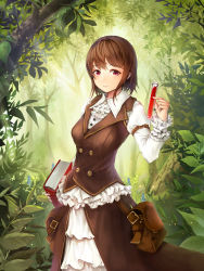 Rule 34 | 1girl, absurdres, arm belt, book, brown hair, crystalherb, flower, forest, frilled sleeves, frills, highres, holding, holding book, light rays, looking at viewer, nature, original, outdoors, pink eyes, plant, pouch, skirt, smile, solo, sunbeam, sunlight, tree, vest, vial, white neckwear, white skirt