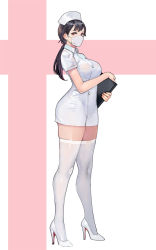 Rule 34 | 1girl, binder, black hair, bobobong, breasts, collared dress, commentary, dress, english commentary, full body, hair tie, hat, high heels, holding, large breasts, looking at viewer, mask, medium hair, mouth mask, nurse, nurse cap, original, pencil dress, pink background, pinup (style), ponytail, red eyes, red soles, shoes, short dress, short sleeves, simple background, skindentation, solo, standing, surgical mask, thighhighs, thighs, uniform, white background, white dress, white footwear, white hat, white thighhighs, wide hips, wing collar, zettai ryouiki