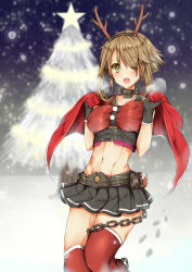 Rule 34 | 10s, 1girl, antlers, bad id, bad pixiv id, black gloves, breasts, brown hair, chain, christmas, christmas tree, gloves, green eyes, headgear, highres, horns, kantai collection, large breasts, looking at viewer, miniskirt, mutsu (kancolle), one eye closed, personification, reindeer antlers, santa costume, short hair, skirt, snowing, solo, star (symbol), taniwasu, thighhighs, wink