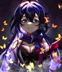 Rule 34 | 1girl, artist logo, black bra, blurry, blush, bra, breasts, bug, butterfly, chromatic aberration, cleavage, close-up, corrupted twitter file, dark background, fantasy, glowing butterfly, grin, hair between eyes, hair intakes, highres, honkai: star rail, honkai (series), insect, instagram logo, long hair, looking at viewer, magic, making-of available, medium breasts, messy hair, purple eyes, purple hair, purple scarf, ryrmcher, scarf, seele (honkai: star rail), smile, solo, split mouth, twitter logo, underwear, unfinished, upper body, video thumbnail, watermark