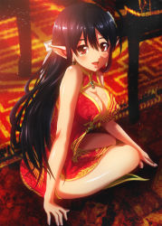 Rule 34 | 1girl, bad id, bad pixiv id, black hair, breasts, china dress, chinese clothes, cleavage, cleavage cutout, clothing cutout, covered erect nipples, dress, earrings, harukaze bou, highres, jewelry, katori (pso2), large breasts, long hair, mole, mole under eye, open mouth, phantasy star, phantasy star online 2, red eyes, sitting
