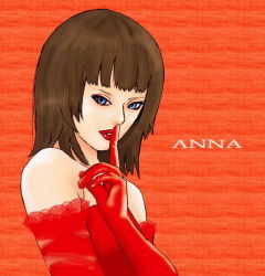 Rule 34 | anna williams, blue eyes, brown hair, character name, dress, elbow gloves, from side, gloves, hybrid cat, lipstick, makeup, red background, short hair, simple background, tekken