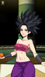Rule 34 | 10s, absurdres, black hair, blush, caulifla, covered erect nipples, dragon ball, dragon ball super, highres, kyoffie, smile, spiked hair, strapless, tube top