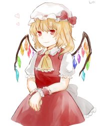 Rule 34 | 1girl, ascot, back bow, blonde hair, bow, closed mouth, cowboy shot, cropped legs, flandre scarlet, flat chest, frilled shirt collar, frills, grey bow, hair between eyes, hat, hat bow, heart, highres, koto (shiberia39), light blush, light smile, looking at viewer, mob cap, one side up, own hands together, puffy short sleeves, puffy sleeves, red bow, red eyes, red skirt, red vest, short sleeves, simple background, skirt, solo, touhou, v arms, vest, white background, white hat, wrist cuffs, yellow ascot