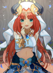 Rule 34 | 1girl, :d, aqua eyes, bare shoulders, breasts, brooch, circlet, cowboy shot, crop top, detached sleeves, falling petals, forehead jewel, genshin impact, hand up, highres, index finger raised, jewelry, long hair, long sleeves, looking at viewer, low twintails, medium breasts, nage (sacosui ng), navel, neck ring, nilou (genshin impact), open mouth, parted bangs, petals, puffy long sleeves, puffy sleeves, red hair, skirt, smile, solo, stomach, teeth, twintails, vambraces, veil, vision (genshin impact)