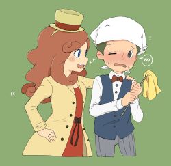 Rule 34 | 1boy, 1girl, :d, blue eyes, blue vest, blush, broom, brown hair, coat, collared shirt, commentary request, cropped legs, curly hair, dress, green background, green hair, grey eyes, grey pants, hand on another&#039;s shoulder, hand on own hip, hands up, hat, highres, holding, holding broom, katrielle layton, kiwami (kiwamimuneko), layton&#039;s mystery journey, long hair, long sleeves, looking at another, mini hat, mini top hat, multiple boys, noah montol, nose blush, one eye closed, open mouth, pants, professor layton, red dress, shirt, simple background, smile, sparkle, speech bubble, spoken blush, standing, sweatdrop, top hat, vest, white headwear, white shirt, yellow coat, yellow headwear
