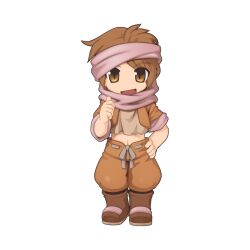 Rule 34 | 1boy, :d, abdullah (ragnarok online), boots, brown eyes, brown footwear, brown hair, brown headband, brown shirt, brown shorts, chibi, chibi only, crop top, full body, headband, looking at viewer, male focus, midriff, navel, official art, open mouth, ragnarok online, shirt, short hair, shorts, simple background, smile, solo, thumbs up, transparent background, yuichirou