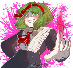 Rule 34 | 1girl, artist name, black dress, blood, blood on hands, blood splatter, blush, bow, child, collar, collared dress, danganronpa (series), danganronpa another episode: ultra despair girls, dress, female focus, green eyes, green hair, hair bow, hair ribbon, hairband, hand on own hip, hand on own hip, headband, kii-art, long hair, long sleeves, looking at viewer, looking down, low angle, matching hair/eyes, multicolored background, bowtie, neck ribbon, open mouth, pink background, pink blood, red bow, red hairband, red headband, red headwear, red ribbon, ribbon, shiny clothes, signature, simple background, solo, standing, teeth, towa monaca, upper body, white background