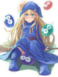 Rule 34 | 1girl, absurdres, belt, blob, blonde hair, blue eyes, blue footwear, blue hat, blue robe, blush, boots, broom, commentary, creature on head, full body, hair between eyes, hat, highres, long hair, long sleeves, looking at viewer, michairu, puyo (puyopuyo), puyopuyo, robe, simple background, sitting, solo, tearing up, tears, v-shaped eyebrows, very long hair, white background, witch (puyopuyo), wizard hat