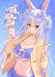 Rule 34 | 1girl, 88 (einnimnech), absurdres, alternate costume, animal ears, bikini, blue background, blue bikini, blue hair, breasts, choker, cleavage, collarbone, commentary request, eyewear on head, food, gradient background, highres, holding, holding spoon, hololive, ice cream, ice cream cone, jacket, long hair, looking at viewer, medium breasts, navel, pekomon (usada pekora), open clothes, open jacket, rabbit-shaped eyewear, rabbit-shaped pupils, rabbit ears, rabbit girl, red eyes, smile, solo, spoon, sunglasses, swimsuit, symbol-shaped pupils, usada pekora, virtual youtuber, white choker, yellow jacket