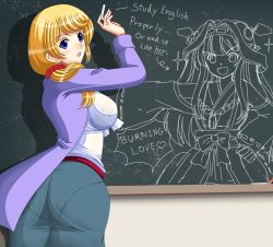 Rule 34 | 10s, 2girls, ass, blonde hair, blue eyes, bra, breasts, burning love (phrase), chalkboard, ellen baker, english text, highres, kantai collection, kongou (kancolle), lace, lace-trimmed bra, lace trim, large breasts, long hair, multiple girls, new horizon, pantylines, see-through, seraphina, smile, underwear