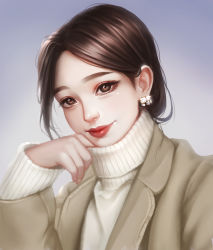 Rule 34 | 1girl, black hair, brown eyes, closed mouth, commentary request, earrings, highres, jewelry, lips, long hair, long sleeves, original, red lips, rena illusion, smile, solo, turtleneck, upper body